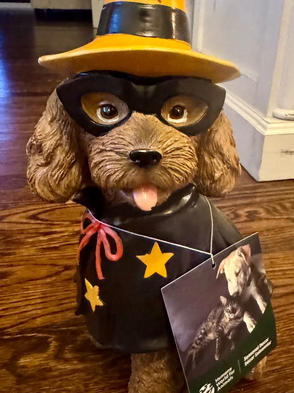 Halloween Spaniel Dog Figurine With Black Cape And Yellow Witch Hat